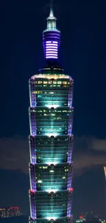 Illuminated Taipei 101 against a night sky, vibrant cityscape.