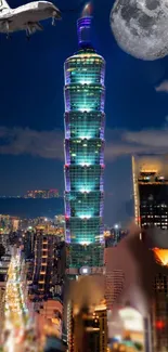 Taipei 101 at night with moon and shuttle in city skyline.