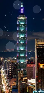 Taipei 101 illuminated in the night skyline.