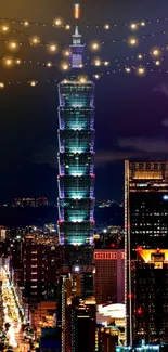 Taipei 101 and city lights glowing at night, with string lights above.