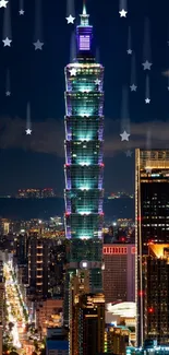 Taipei skyline at night featuring illuminated Taipei 101 tower.