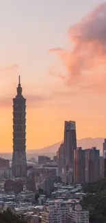 Taipei city skyline with iconic tower at sunset.