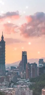 Taipei city skyline at dusk with glowing clouds and buildings.