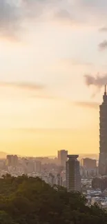 Taipei city skyline with Taipei 101 at sunset under pastel skies.