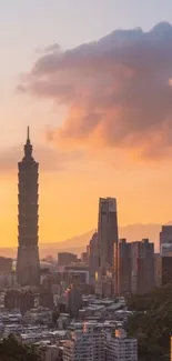 Taipei skyline featuring Taipei 101 during a vibrant sunset.