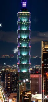 Illuminated Taipei 101 tower against night skyline backdrop.