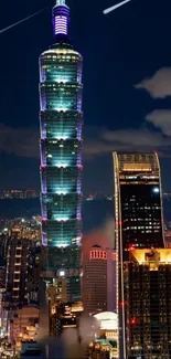 Vibrant Taipei night skyline with iconic skyscrapers and glowing city lights.