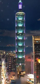 Night view of Taipei 101 with city lights.