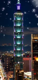 Taipei 101 shines in a vibrant night skyline, surrounded by stars and city lights.