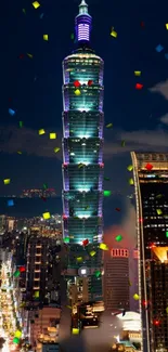 Taipei city at night with vibrant fireworks and illuminated skyscraper.