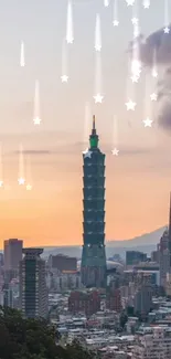 Taipei skyline at dusk with falling stars decorating the sky.