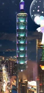 Taipei 101 glowing at night with city lights and balloons.