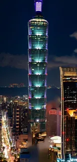 Taipei skyline with illuminated skyscrapers at night.