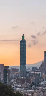 Taipei skyline captured at sunset with vivid hues and modern buildings.