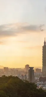 Stunning Taipei skyline at sunset with Taipei 101 tower.