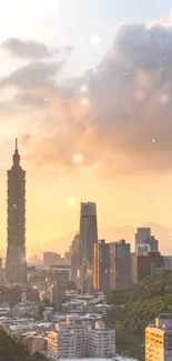 Taipei skyline with Taipei 101 at sunset, featuring city lights and golden sky.