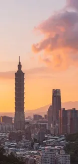 Taipei skyline with Taipei 101 at sunset, capturing vibrant orange hues.