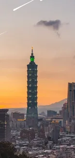 Taipei skyline featuring sunset and skyscrapers with vibrant orange sky.