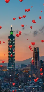 Taipei city skyline with red hearts at sunset.