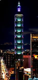 Night view of Taipei skyline with illuminated skyscrapers and bright city lights.