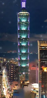 Night view of Taipei skyline featuring iconic skyscrapers and city lights.