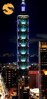 Taipei 101 at night with glowing city skyline.