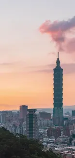 Taipei skyline at sunset with Taipei 101.