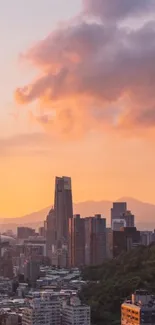 Taipei cityscape with sunset sky and tall buildings.