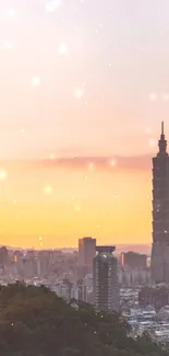 Taipei cityscape with sunset sky and iconic Taipei 101 skyscraper.