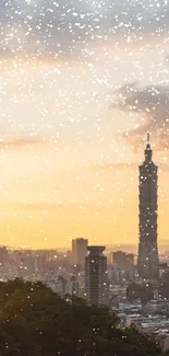 Taipei skyline at sunset with snowflakes and warm yellow glow.