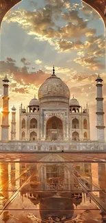 Taj Mahal at sunrise with reflection in foreground.