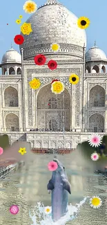 Taj Mahal with flowers and leaping dolphin in a creative mobile wallpaper.