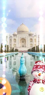 Taj Mahal with festive snowman and pumpkin decorations in dreamy setting.