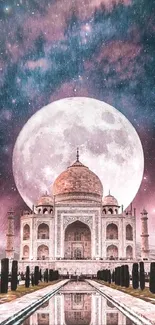 Taj Mahal illuminated by a full moon, reflecting in water at night.