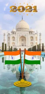 Taj Mahal with Indian flags and New Year 2024 decoration. Reflective pool view.