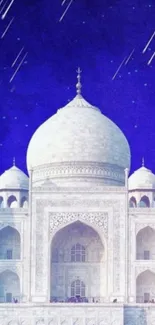 Artistic depiction of Taj Mahal under a starry night sky with blue hues.