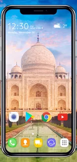 Taj Mahal with smartphone interface wallpaper.