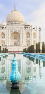 Taj Mahal reflecting in serene water, iconic architecture.