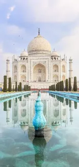 Taj Mahal with serene water reflections and clear blue sky.