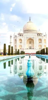 Taj Mahal reflected in serene pool under a clear sky.