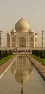 Taj Mahal reflected in a serene pool under a clear sky.