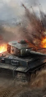 Tank navigating a battlefield explosion scene with vibrant flames.