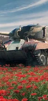 Tank and poppy field under blue sky wallpaper.