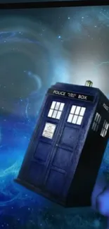 TARDIS in a vibrant blue cosmic vortex, inspired by Doctor Who.