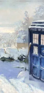 TARDIS amidst a serene snowy winter landscape.