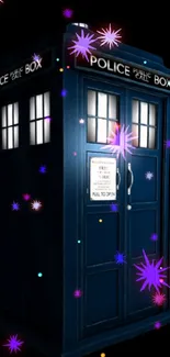 TARDIS with vibrant galaxy stars on a mobile wallpaper.