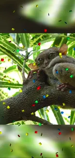 Tarsier resting on tree branch with colorful confetti overlay in jungle setting.