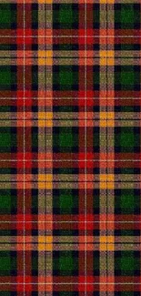 Colorful tartan patterned wallpaper with red and green hues for mobile screens.