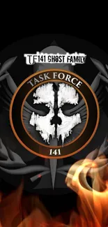 Task Force 141 emblem with fire accents on a mobile wallpaper.