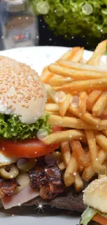 Appetizing burger and fries with fresh vegetables on display.